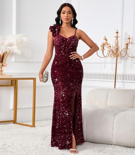 Image of Cololura Women Sexy Elegant Sequin High Split Ruffled Hem Mermaid Party Cocktail Bodycon Formal Evening Gowns Maxi Dress