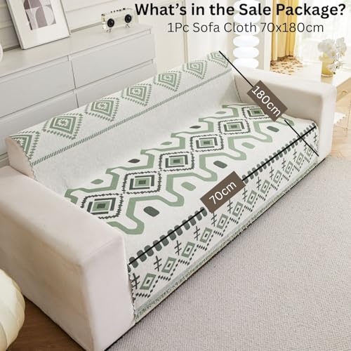 Image of HOMETHREADS Chenille Bohemian Boho Style Sofa Cover | Thick & Soft Luxury Slipcover | Protective, Washable & Stylish Couch Cover for Living Room Decor. (Bohemian Green, 1 Seater|70x180cm)
