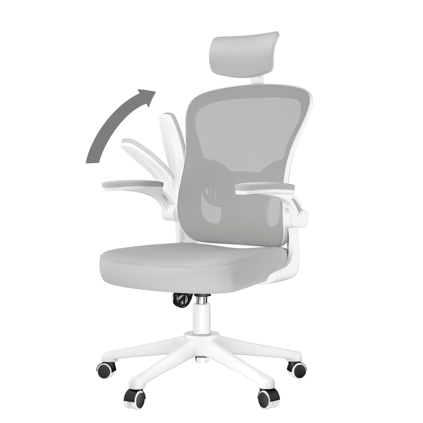 naspaluro Silla de Oficina Ergonómica, Silla de Escritorio con Soporte Lumbar, Reposacabezas Ajustable, Reposabrazos Abatibles, Silla Giratoria con Respaldo Transpirable, Gris