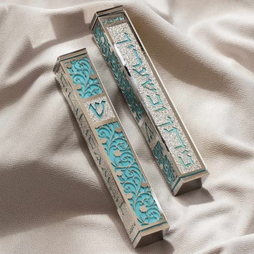 Suri Silver Modern Mezuzah Case With A Gift Box, For Indoor & Outdoors, 5” Blue Self Stick Mezuzah For Door, Jewish Mezuza Waterproo, Home Blessing And Protection Cover #TOP1