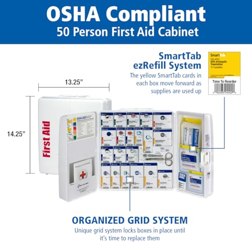 Image of First Aid Only SmartCompliance 50-Person OSHA Compliant First Aid Kit for Business and Office Spaces - Large Plastic Cabinet - Emergency Supplies for Cuts, Bruises, and Scrapes - 245 Pieces