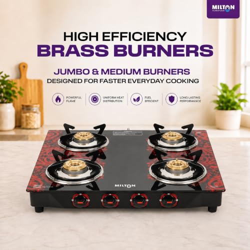 Image of MILTON Premium Red Manual Ignition Glass Top Gas Stove, (ISI Certified) (4 Burner)