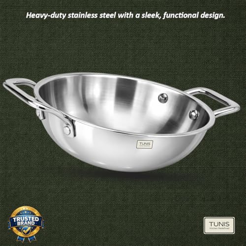 Image of TUNIS 24 Cm (2.4L) Triply Stainless Steel Triply Kadai with Dual Handles | Heavy Gauge Induction & Gas Compatible | Bottom Deep Cooking Woks Kadhai for Frying, Sauteing & Curries | Silver