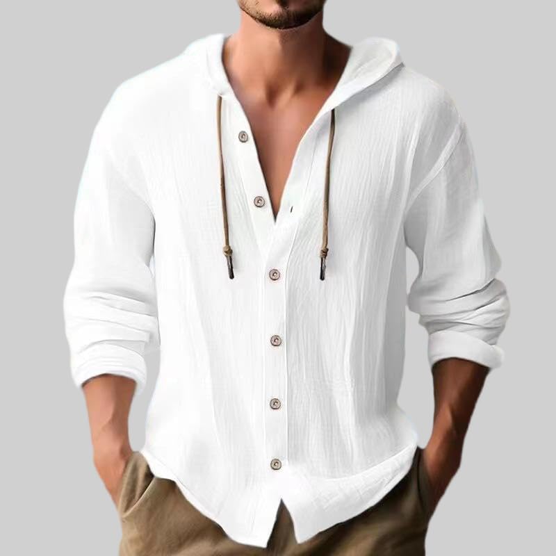 Men's Cotton-Linen Long-Sleeve Button-Down Shirt, Summer Cotton-Linen Hoodie, Long-Sleeve Shirt, Hooded Top