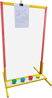 GINO - Caballete de madera con plexiglás transparente para niños, color rojo y amarillo