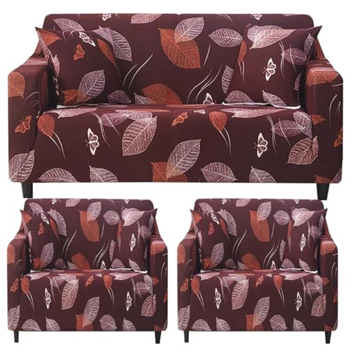 Image of Gurnoor Sofa Cover One 3 Seater and Two 1 Seater Fully Covered Universal 5 Seater for Living Room Non-Slip Sticky Elastic Stretchable Couch Sofa Set Slipcover Protector(Dark Brown Leaf)