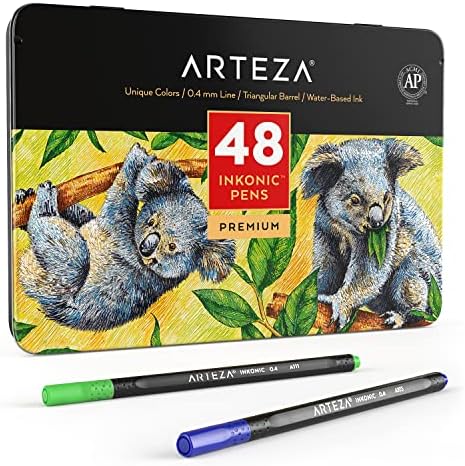 ARTEZA Inkonic Fineliner Pen Set, Set of 48, Fine Point Pens Assorted Colors, 0.4mm Tips, Water-Based, Non-Toxic, Art Pens for Drawing, Sketching, Journaling, Calligraphy, Art Supplies