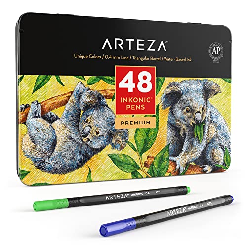 Arteza Inkonic Fineliner Pen Set, Set Of 48, Fine Point Pens Assorted Colors, 0.4Mm Tips, Water-Based, Non-Toxic, Art Pens For Drawing, Sketching, Journaling, Calligraphy, Art Supplies #TOP13