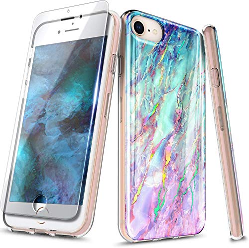 E-Began Case for iPhone SE 2020, iPhone 8, iPhone 7, iPhone 6/6s Case with Tempered Glass Screen Protector, E-Began Ultra Slim Thin Glossy Stylish Protective, Marble Design Cute Phone Case Cover -Nova