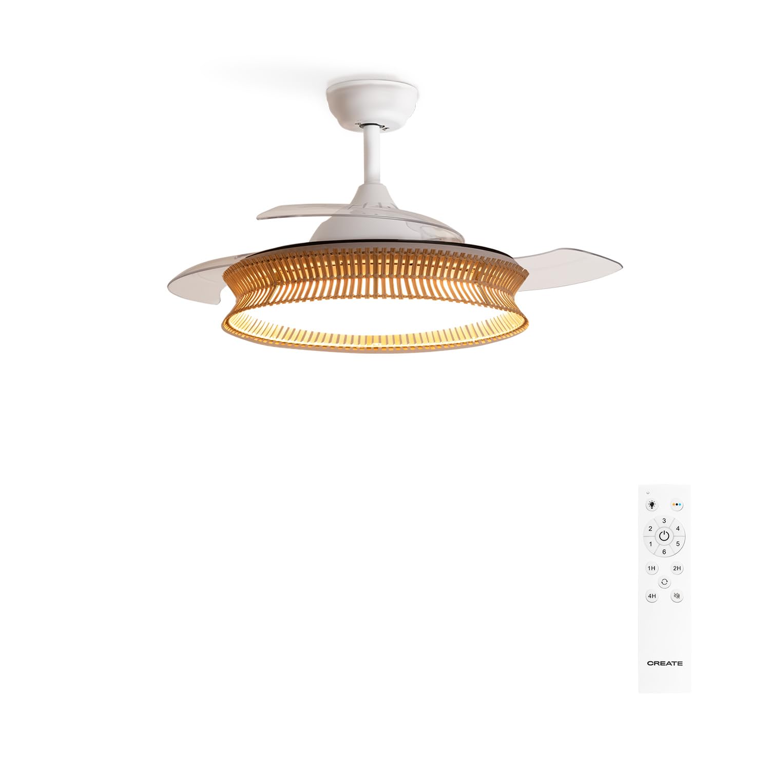 CREATE / WIND CLEAR/Ventilador de techo con luz blanco y mimbre nudo con mando / 40W, Ø108 cm, 6 velocidades, aspas retráctiles, 3 temperaturas de luz, función verano-invierno