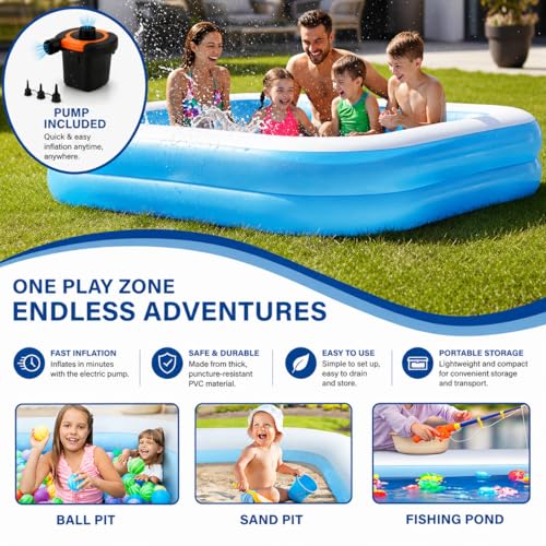 Image of NHR Combo Inflatable Family Swimming Pool with Electric Pump - Large Rectangular Outdoor Pool for Kids & Adults, Heavy Duty PVC Portable Backyard Pool, 262 x 175 x 51 cm