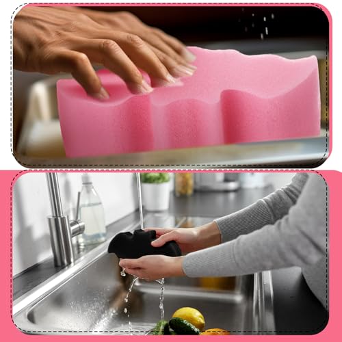 Image of Tioncy 12 Pack Bat Kitchen Sponges Bulk Dual Sided Scrubber Sponges Dishwashing Non Scratch for Bat Kitchen Accessories Dish Scouring Black, White, Pink