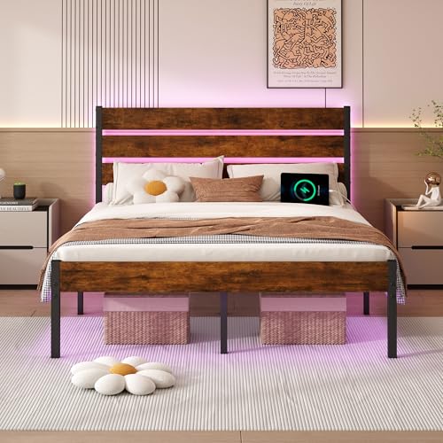 Chuangshuo Guard Full Size Bed Frame with Headboard,Heavy Duty LED Bed Frame with USB Charging Station,Mattress Foundation-Under Bed Storage, No Box Spring Needed, Noise Free,Brown