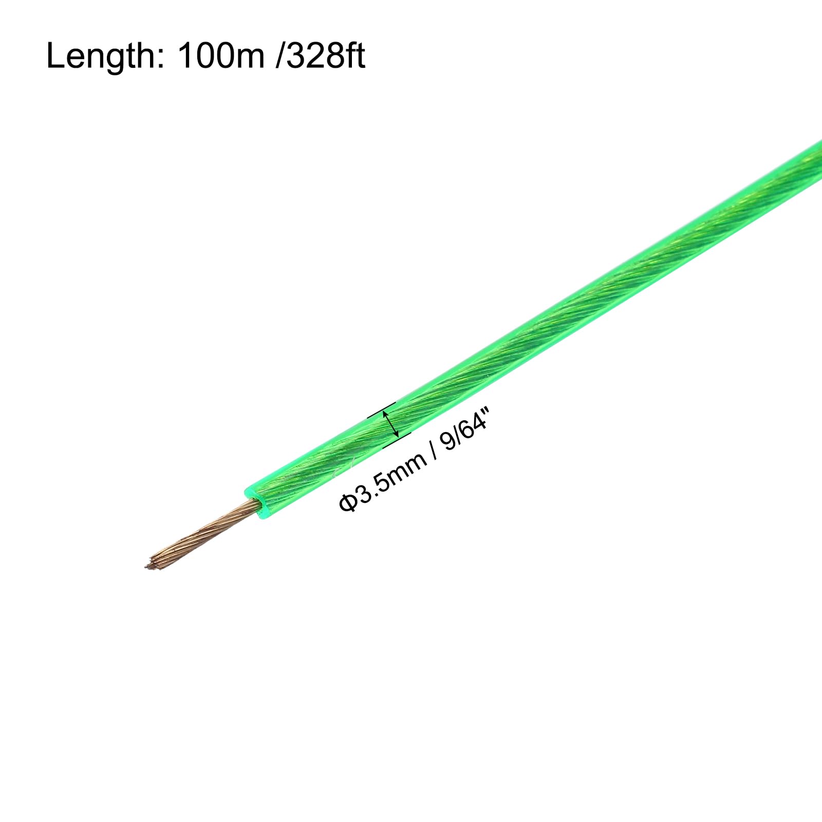 MECCANIXITY 3.5mm (9/64 inch) Green Vinyl Coated Wire Rope, 100m /328ft Galvanized Steel Cable Wire Rope with 10PCS M5 Loop Sleeves for String Light Hanging, Deck Railing, Garden Wire