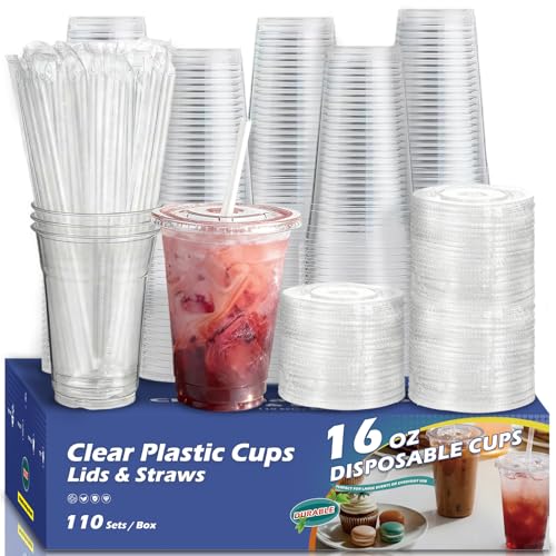 Voatree 110 Pack 16 oz Disposable Clear Plastic Cups with Lids and Straws