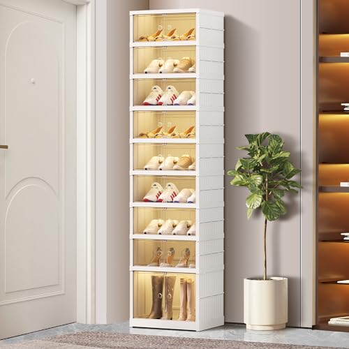 Image of CIMLORD 9-Tier Foldable Shoe Rack Organizer with Doors, 18 Pairs, White | Collapsible Narrow Plastic Shoe Cabinet Storage, Fits Boots&Sneakers, Stackable with Lids, Easy Assembly, for Closet&Entryway