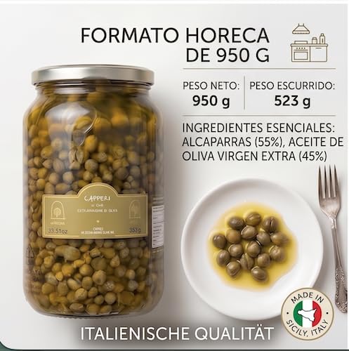 Kapern aus Pantelleria in nativem Olivenöl extra 950 g, Abtropfgewicht 523 g – Sizilianische Gourmet-Konserve – Ideal für Fisch, Salate, Saucen, Vorspeisen und mediterrane Küche – 4 Stück