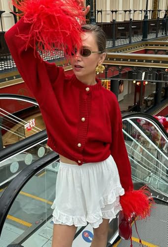 Image of Red Elegant Feather Cuff Cardigan for Women: Stylish Buttoned Sweater with Soft Feather, Stylish Lightweight Knitwear