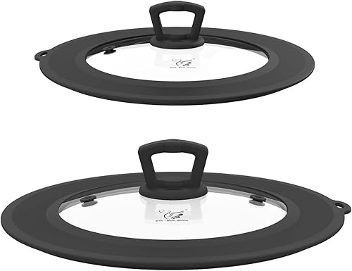 Juego de 2 tapas universales de vidrio templado ventilado para sartén con tapa de silicona resistente al calor, apta para microondas, apta para