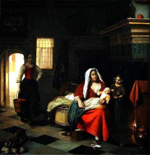 Peinture pour décoration salon illustrant la tendresse d'une mère et ses enfants