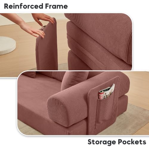 Image of 107 inch Modular Sectional Sofa Bed, L-Shape Corduroy Boneless Couch, Pink