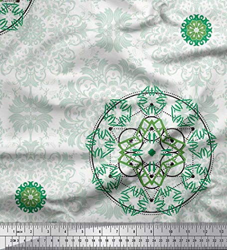 Soimoi Silk Green Fabric - by The Yard - 42 Inch Wide - Sacred Geometry & Filigree Damask Textile - Intricate and Artistic Designs for Creative Crafts Printed Fabric