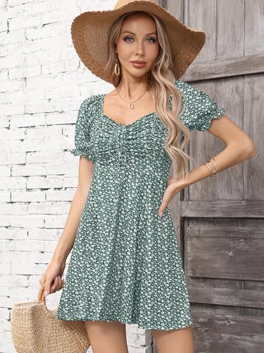 Image of Missufe Women's Puff Short Sleeve Drawstring Ruched Front Fit and Flare Floral Summer Casual Short Dress