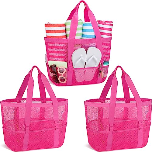 Image of Hillban Large Beach Mesh Bags Bulk for Women Beach Tote Bag with 8 Pocket Zipper Waterproof Sandproof for Pool Cruise Ship