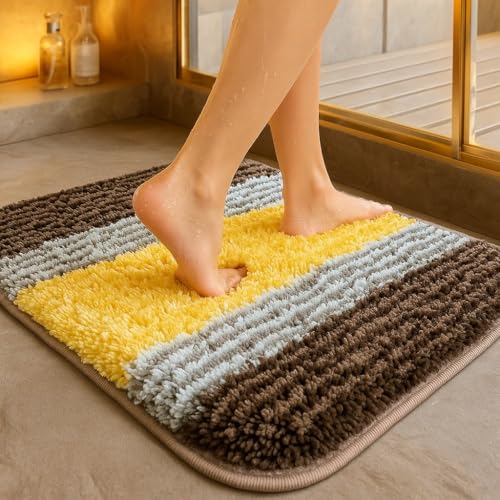 Image of VAS COLLECTIONS Microfiber Solid & Striped Anti-Skid Bath Mats - Pack of 2 (Brown & Yellow, 35x50 cm)