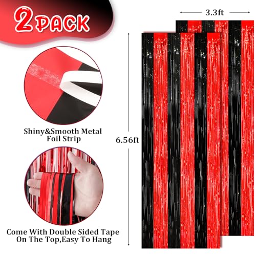 Image of Voircoloria 2 Pack Red and Black Tinsel Foil Fringe Curtains, Red and Black Party Decorations, Metallic Tinsel Party Streamers Backdrop for Halloween Birthday Red Carpet New Years Party Decorations