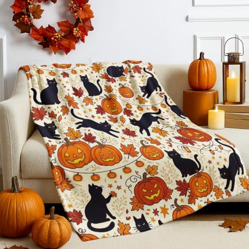 Jeté de lit en polaire plaid citrouilles Halloween couverture canapé chat orange 152x203cm - 7