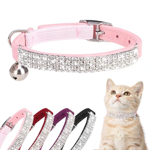 BINGPET Diamond Cat Collar with Bell, Adjustable Soft Velvet Bling Rhinestone Cat Collar, Sparkly Kitten Collar with Safety Elastic & Metal Buckle for Small Medium Cats
