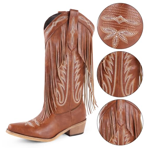 FancyQueen Cowboy Boots for Women Knee High Fringe Cowgirl Western Boots Embroidered Wide Calf Pointed Toe Pull On Chunky Heel for Country Concert Outfits3