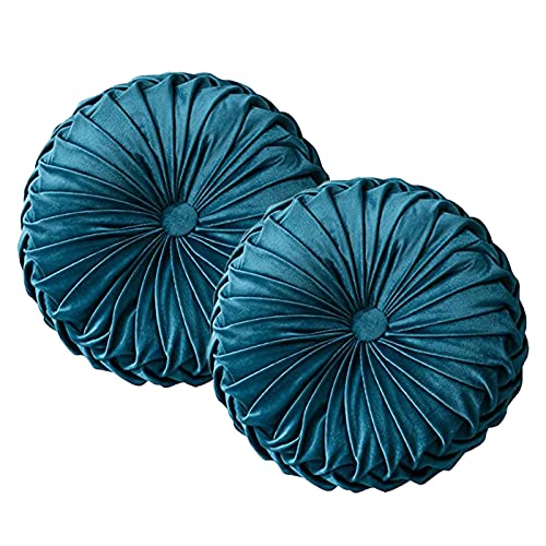 2 Pack Round Pillow Cushion for Couch Velvet Decorative Small Throw Pillow Velvet Home Decoration Pleated Round Pillow Cushion for Couch Chair Bed Car Living Room (Navy-2pcs)