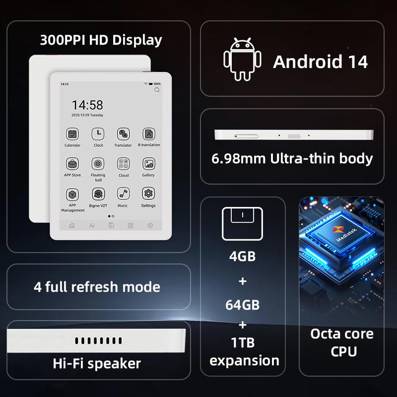 Bigme B6 Mini czytnik e-booków Android 14 z 6" ekranem z 4 GB + 64 GB pamięci, biały
