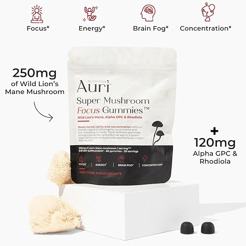 Miniatura 8 de Auri Gomitas Super Mushroom Focus  melena de león, Alpha GPC y Rhodiola  Suplemento de hongos para apoyar la función cognitiva, claridad mental,