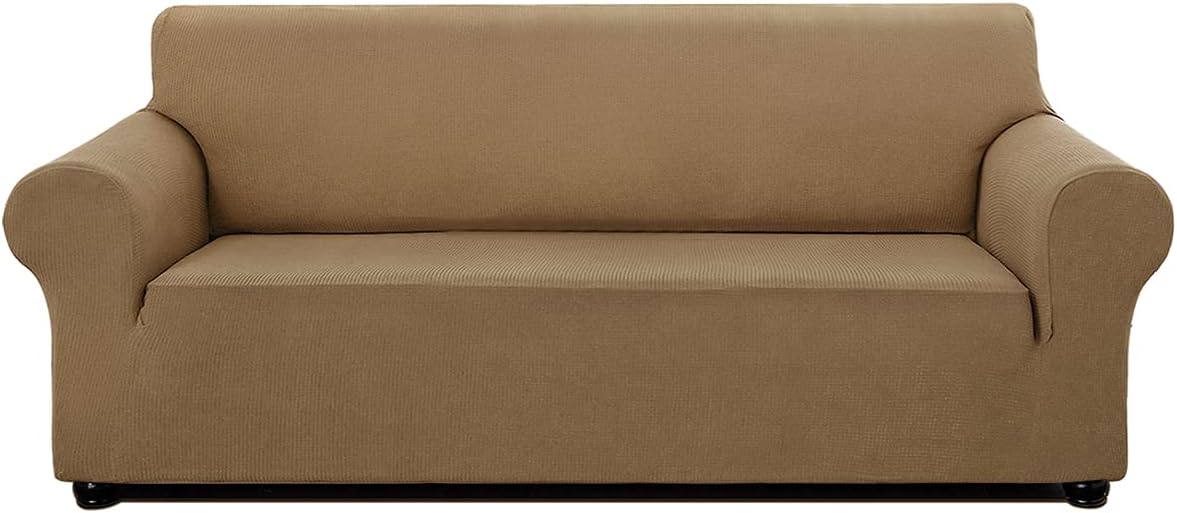 AZAMIA Stretch Sofa Cover 1-Piece Super Soft Sofa Slipcover for 3 Seater Sofa Non-Slip Water Repellent Couch Cover with Elastic Bottom for Kids Pets, Light Brown