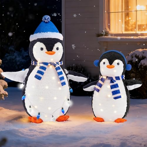 DUMOS 2-Piece Lighted Penguin Family Lovely Outdoor Christmas Decoration Pop up Holiday Decor with 150 LED Lights for Yard Garden Storefront White&Blue
