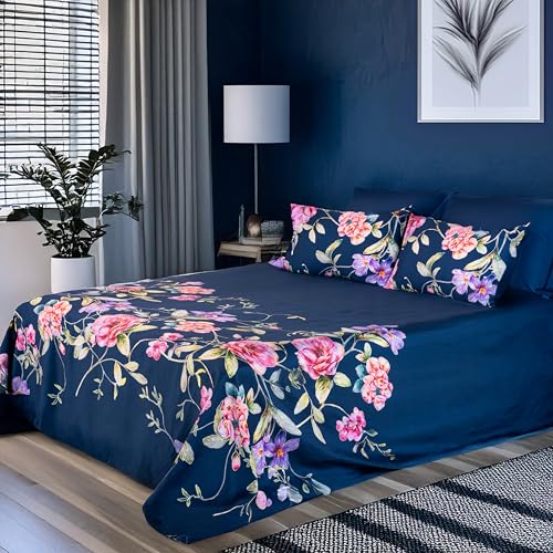 Image of Digitally Printed with Reactive Ink Tech | 300 TC 100% Organic Cotton Queen Premium Bedsheet Set | Ultra-Soft Satin-Like Finish | Floral Ocean Dusk
