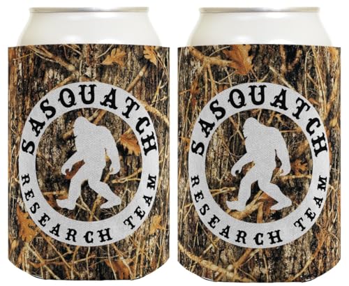 Funny Can Cooler Sasquatch Research Team 2 Pack Can Drink Coolers Coolies Woodland Camo