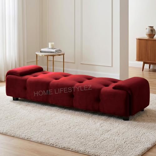 Image of Home Lifestlez Monel 2 Seater Tufted Ottoman Bench | Velvet Upholstered | Seating Bench Window Bench Footrest Stool End of Bed Bench Living Room Furniture | Comfortable & Stylish - Maroon