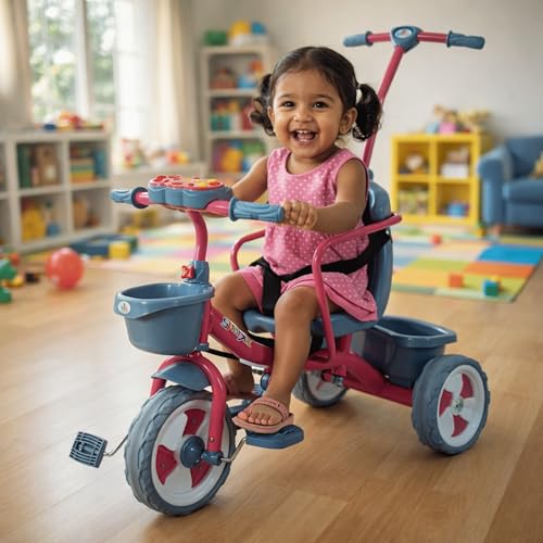Image of ViniToys Sparx PH Baby Tricycle for Kids 1 to 5 Years with Removable Parental Control Handle, Safety Guard, Seat Belt, Footrest, Music, Storage Baskets and Wide Grip Wheels (Pink, Sparx PH)