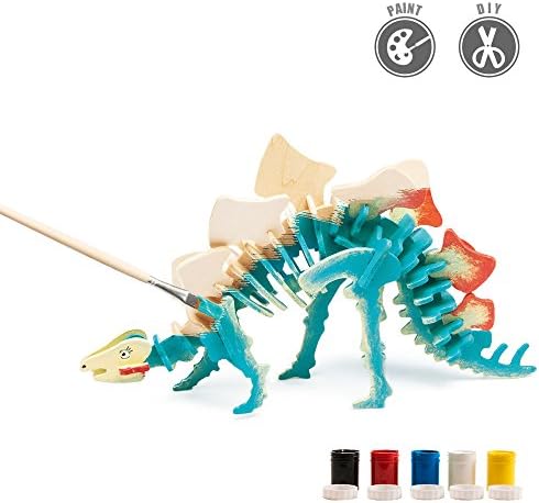 Robud 3-D Painting Puzzle Set DIY Wooden Assembly Modle Building Kits With 5 Color Pigments & Brush Arts And Crafts For Kid Good For Children Hands Brain Development Fun Creative Toys (02 Stegosaurus)