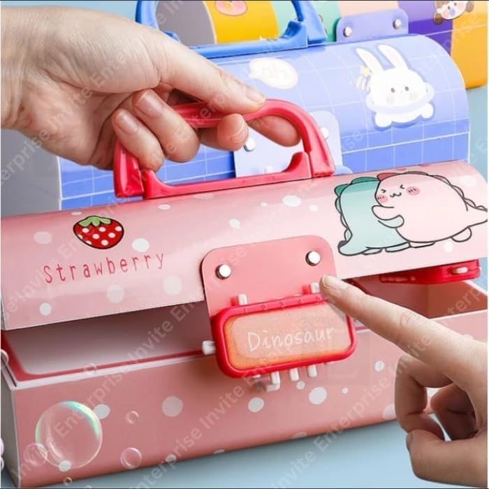 Image of WORSHIPER New Cartoon Theme Pencil Box with Push Pull Eraser Set for Kids | Suitcase Style Password Lock Stationery Organizer | School Supplies Gift Combo for Boys & Girls (Dino Pink + Eraser)