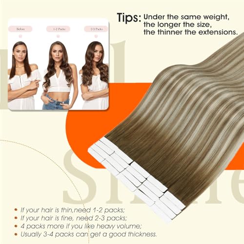 Image of Full Shine Injection Tape in Hair Extensions Color 3 /8 /22 Ombre Balayage Human Hair Tape in Extensions 14Inch Seamless Skin Weft Natural Straight Remy Extension 40G 20Pcs Soft Silky