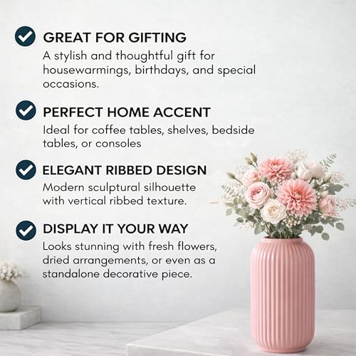 Image of Art Street Modern Ribbed Ceramic Flower Vase | Pink Decorative Boho Vase for Living Room, Bedroom & Office Dcor - (Flower not Included) 5x9 Inch