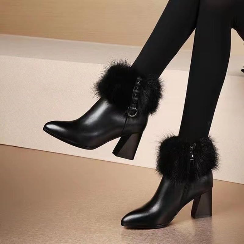 Women's Furry Chunky Heel Ankle Boot Pointed Toe Zipper Dress Short Booties High Heel Winter Warm Short Boots