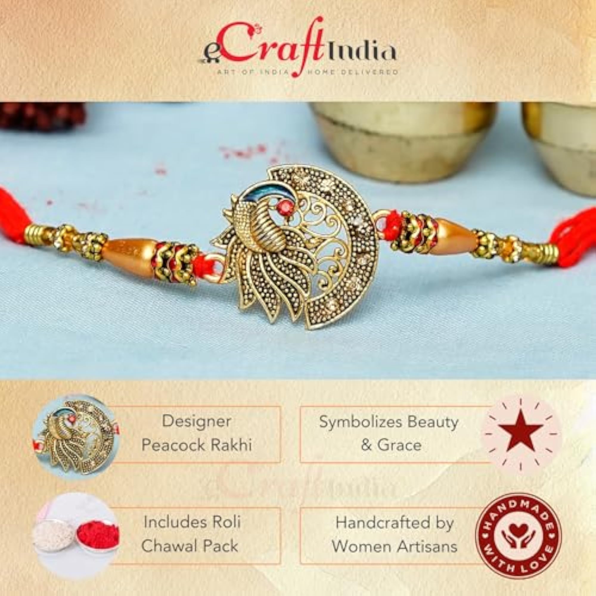 Designer Peacock Rakhi for Brother with Greeting Card