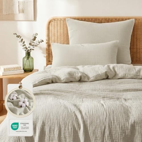 Aisbo Musselin Bettwäsche 135x200 2teilig Beige, 100% Baumwolle Oeko-TEX® | 1 Bettbezug 135x200 cm & 1 Kissenbezug 80x80 cm mit Reißverschluss, Weich, Atmungsaktiv, Leichte Sommerb