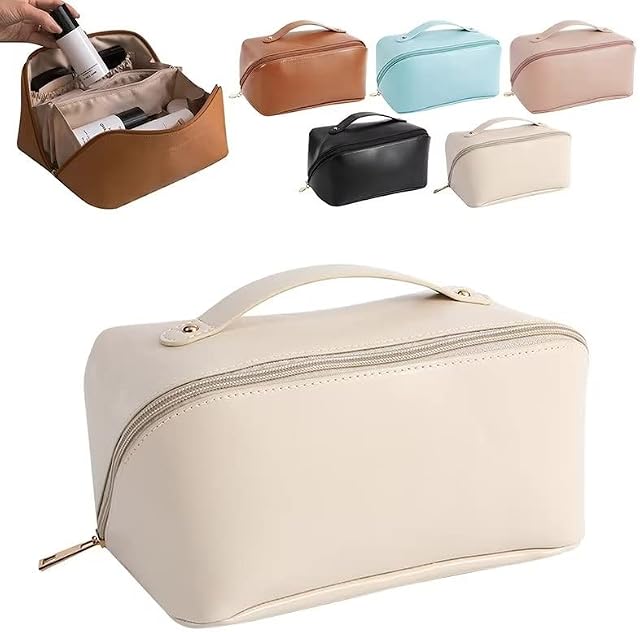 Loozykit Large Capacity Travel Cosmetic Bag, Waterproof Makeup Bags Hanging Toiletry Wash Bag Portable Pu Storage Bag Multifunction Travel Makeup Organizer with Handle and Zipper